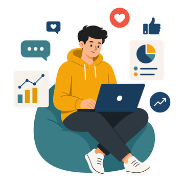Young man working on laptop with social media and analytics icons vector illustration