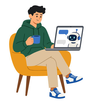 Young man chatting with AI chatbot on laptop vector illustration
