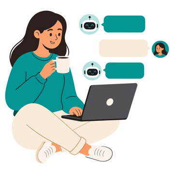 Woman chatting with AI chatbot on laptop vector illustration