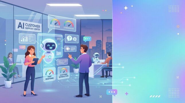Discussion at an AI customer support center with virtual assistant and staff in a modern office environment