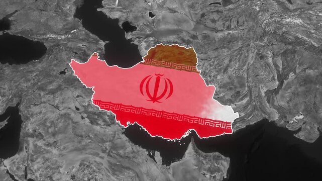 3D Map of Iran with National Flag on Grayscale Satellite Earth