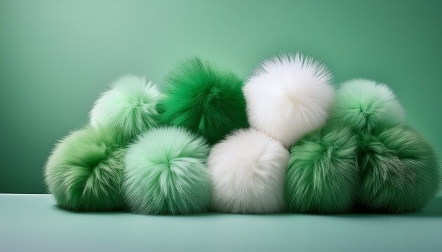 Green And White Fluffy Fur Balls Grouped On Pastel Background
