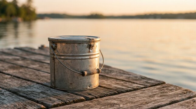Plastic bait bucket on wooden dock by water