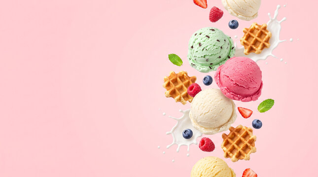 Luxurious commercial background featuring colorful ice cream scoops floating with fresh berries, mint leaves, waffle pieces, splashes of milk on a clean pastel backdrop, International Ice Cream Day