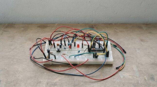 Electronic circuit prototype on breadboard with loose wires