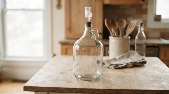 Glass carboy with fermenting liquid on kitchen counter