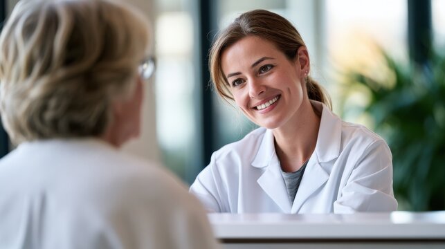 Female hospital receptionist in white coat interacts with elderly patient at front desk, modern healthcare environment with plants and natural light visible