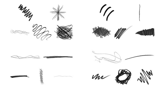 Hand drawn pencil scribbles and charcoal strokes set. Black graphite doodles on white background. Artistic sketch elements for design.