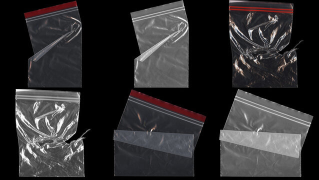 Transparent plastic zip bag collection, crumpled polyethylene texture set, clear synthetic packaging on black background
