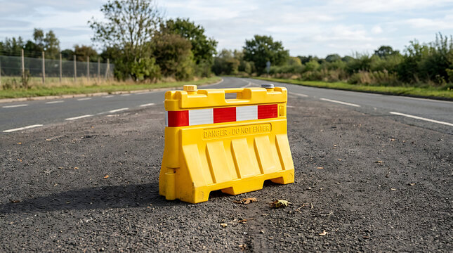 Yellow Plastic Road Barrier on Asphalt Highway Rural Background