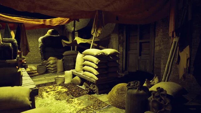 Hidden cache of stacked sacks in narrow vault, deep shadows and warm highlights create clandestine atmosphere of stored valuables and quiet secrecy.
