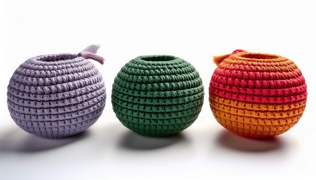 Three Multicolored Crocheted Hacky Sack Balls Isolated On A White Background