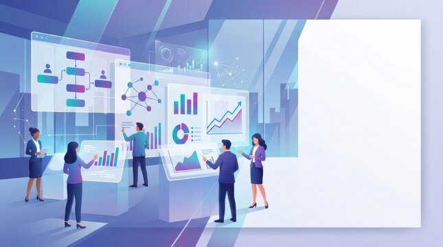 People discussing data visualization in an office setting during daytime with multiple screens displaying charts and graphs