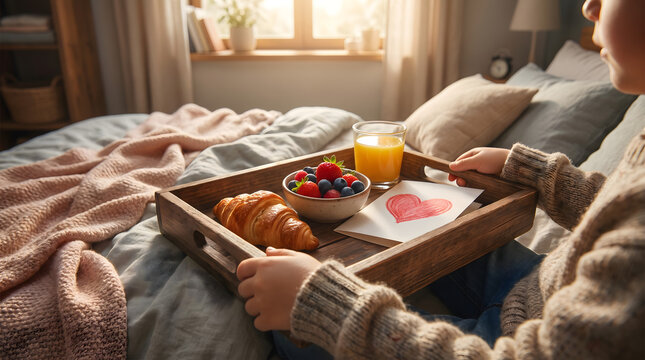 Child hands holding a wooden tray with breakfast in bed featuring a croissant, orange juice, fresh berries, and a heart card