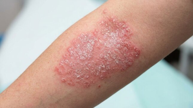 Psoriasis skin condition: red plaque, dermatology patient, epidermal inflammation, chronic lesion, dry patch, eczema symptom, medical disorder, human limb, painful scale, body itch.