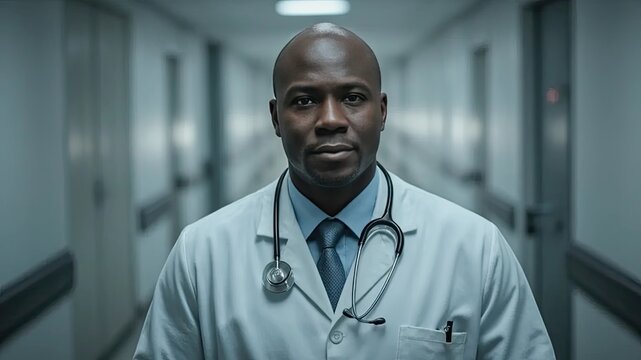 Doctor in Hospital Corridor: A focused male doctor stands in a brightly lit hospital corridor, wearing a white coat and stethoscope, conveying professionalism and care.