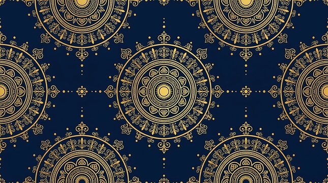Luxury seamless golden mandala pattern on dark blue background