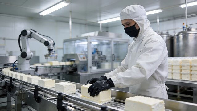 Worker in protective gear handling cheese blocks on an industrial conveyor belt