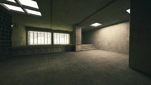 Empty concrete lobby with stairs and geometric window light, textured walls and dim ceiling fixtures create moody industrial atmosphere, carved bench along wall