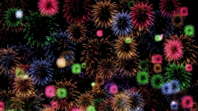 Colorful fireworks launching and bursting into vibrant aerial explosions against black night sky creating festive celebration display
