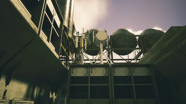 Industrial plant interior. Interior space featuring overhead tanks and muted lighting. Industrial environment with grated floors and service conduits inside