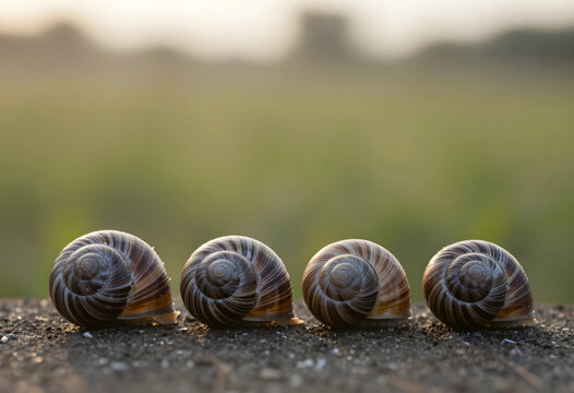 Four garden snail shells in a row on a textured surface with a blurred green background at sunset, the shells display intricate spiral patterns and natural brown stripes