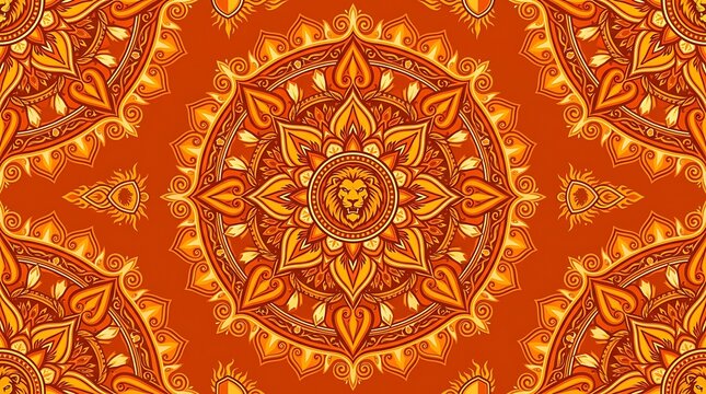 Ornate circular mandala pattern featuring a lion face in warm tones