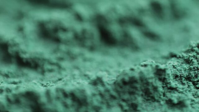 Green chlorella algae powder on a wooden spoon, top view. Healthy nutritional supplement.