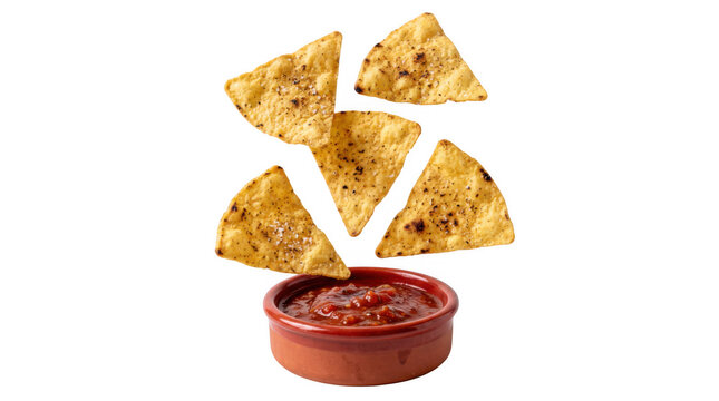Corn tortilla chips falling into a rustic terracotta bowl filled with salsa during a studio shoot