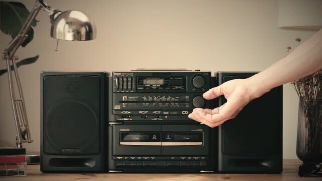 Retro radio tape recorder, audio cassette close-up. Listening to music, old radio boom box player, macro of vintage music listening. 