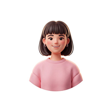 3D rendering icon of young woman avatar PNG, friendly female character with bob haircut in pink sweatshirt