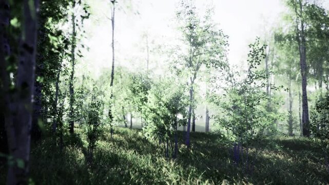 Bright misty hillside with scattered birch stands and fresh undergrowth, soft haze and highkey light create dreamy early morning scene for wellness, travel