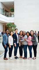 Fototapeta premium Diverse group of women wearing pink ribbons and standing together in a bright modern environment, symbolizing unity, breast cancer awareness, hope, empowerment, Pink October, breast cancer prevention