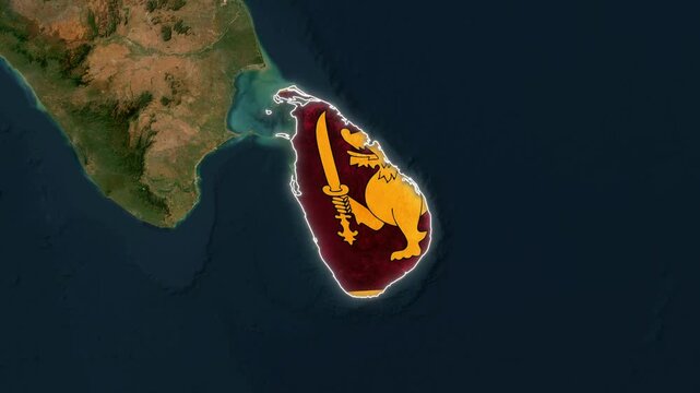Animated satellite map zooming in on the territory of Sri Lanka, filled with its national flag