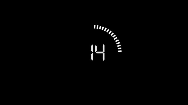 A countdown timer with digits from 19 to 0 and a white dashed circular progress bar on dark background for dynamic motion video.