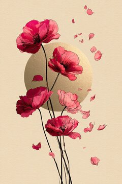 Elegant botanical illustration of vivid pink flowers with delicate petals against a soft beige background featuring a circular gold accent