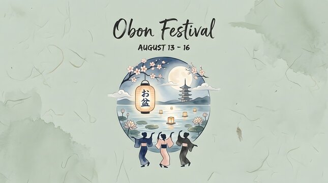 Obon Festival Scene With Pagoda And Dancers Watercolor Illustration