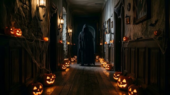 Figure in a dark hooded cloak stands at the end of a long hallway lined with glowing pumpkins.