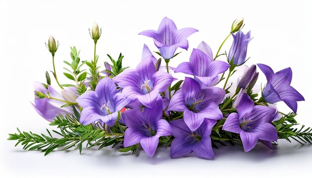 Purple Campanula Flowers In A Floral Arrangement Isolated On White Or Transparent Background
