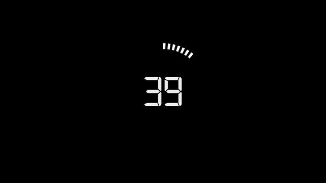 Digital countdown timer white numbers running backwards on black background motion graphic video element for professional video production.