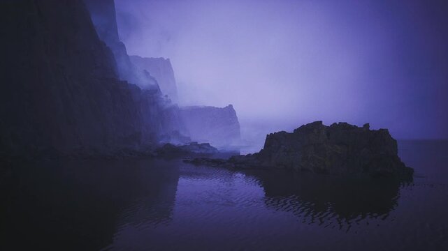 Lonely inlet with stacked cliffs. Shallow reflective water catching muted purple light, rugged rock formation center, fog softening distant ridgelines,