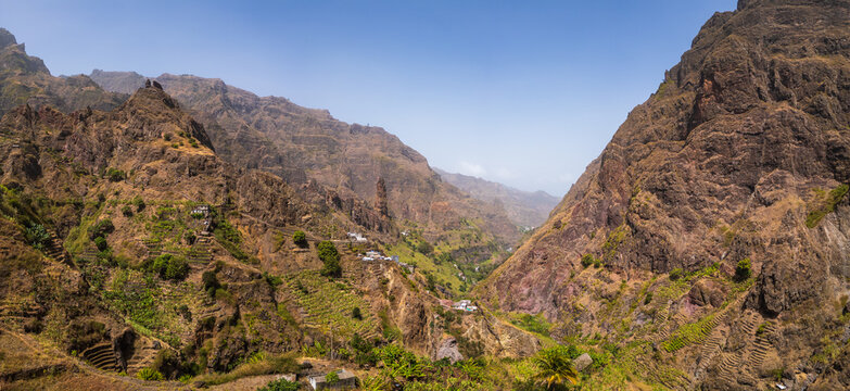 Aerial view of the rugged volcanic mountains and terraced agricultural fields of Santo Antao in Xoxo, Ribeira Grande, Cabo Verde.
