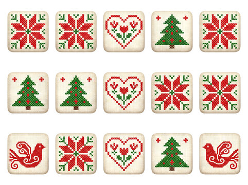 Scandinavian Christmas Cross Stitch Icon Collection on Linen Texture