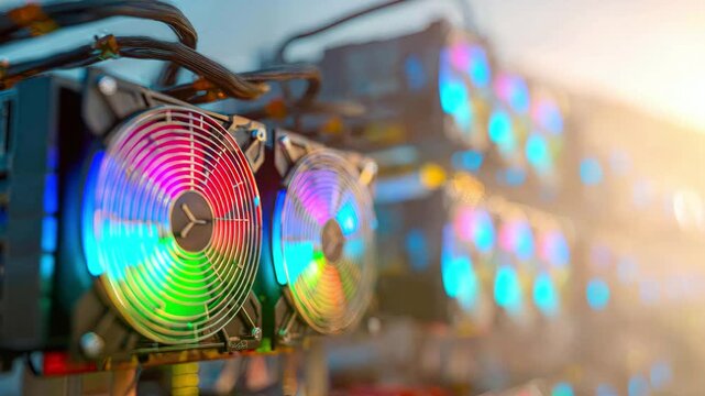A close-up of glowing, colorful fans inside an open computer case. The lighting highlights the wires and internal components of a gaming PC. Computer building and technology concept