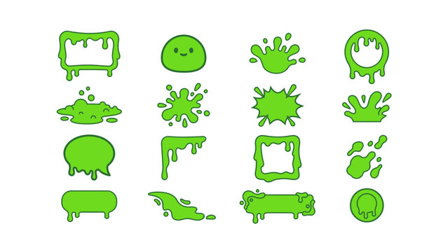 Set of green slime elements with drips blobs and gooey liquid shapes for creative design projects and funny cartoon style decorations Vector