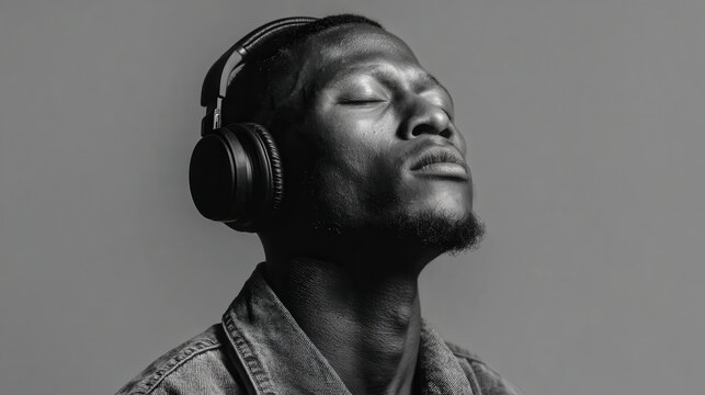Man Wearing Headphones Eyes Closed Black And White Portrait
