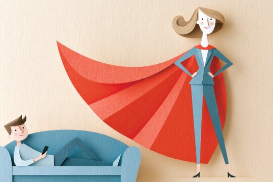 Paper cutout illustration of a confident woman in a superhero cape standing proudly beside a relaxed man on a couch, showcasing themes of empowerment and support