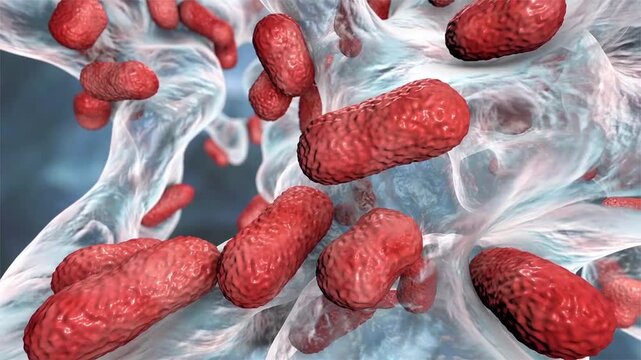 Acinetobacter baumannii biofilm, 3D animation showing clustered coccobacillary cells embedded in extracellular polymeric matrix with dense layered microbial structure.