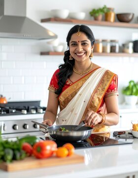 Smiling Indian woman cooking in modern kitchen wearing saree lifestyle home food preparation