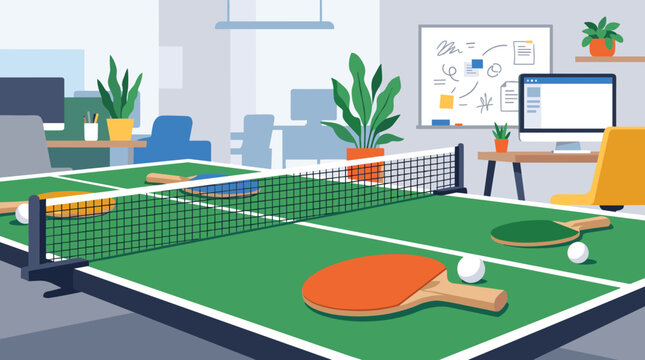 Modern office interior illustration featuring a green ping pong table with colorful paddles and balls, set against a background of workstations, computer monitors, and indoor plants.